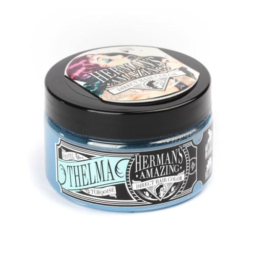 Blaue Haartönung mit schwarzem Deckel, beschriftet Hermans Amazing Pastel in Türkis.