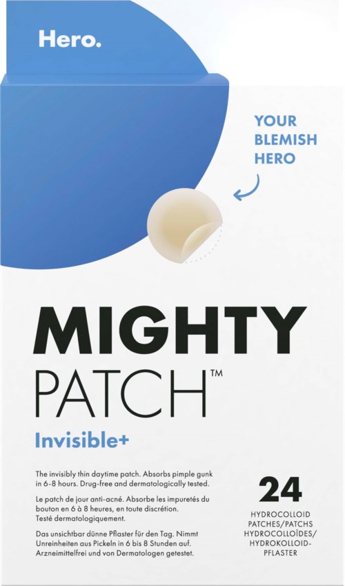 Een doosje Mighty Patch, een acnebehandeling, met blauw-wit ontwerp, kleine pleister en beschrijving.