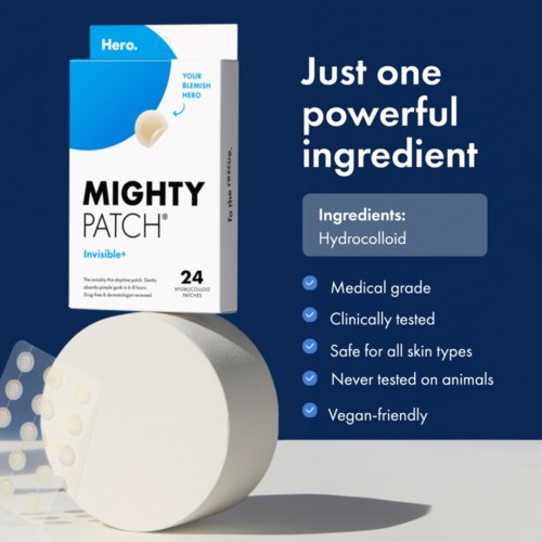 Doosje Mighty Patch Invisible met hydrocolloid, 24 pleisters, bevordert genezing, vegan, veilig, getest en huidvriendelijk.