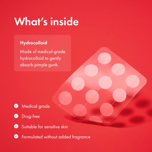 Diagram met voordelen van hydrocolloid: zuigt olie op, geschikt voor gevoelige huid, geurvrij, medisch van kwaliteit, medicijnvrij.