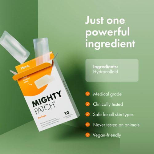 Een doosje van Mighty Patch met een hydrocolloidpleister, groene achtergrond en tekst die productkenmerken benadrukt.