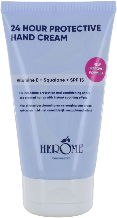 Tuba kremu do rąk oznaczona '24 HOUR PROTECTIVE HAND CREAM', z składnikami i nazwą marki Hero. Zawiera SPF 15.