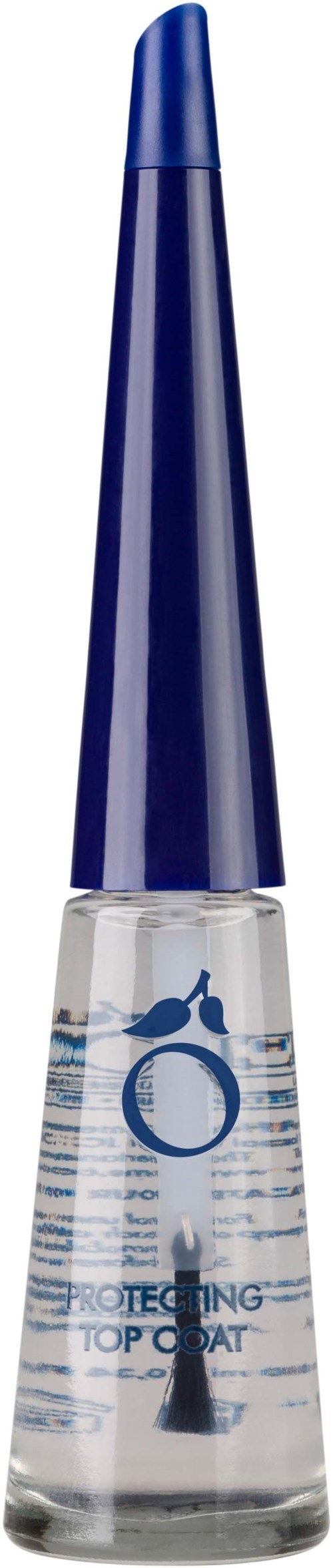 Butelka lakieru do paznokci z niebieską nakrętką i przejrzystym płynem, oznaczona jako top coat ochronny.