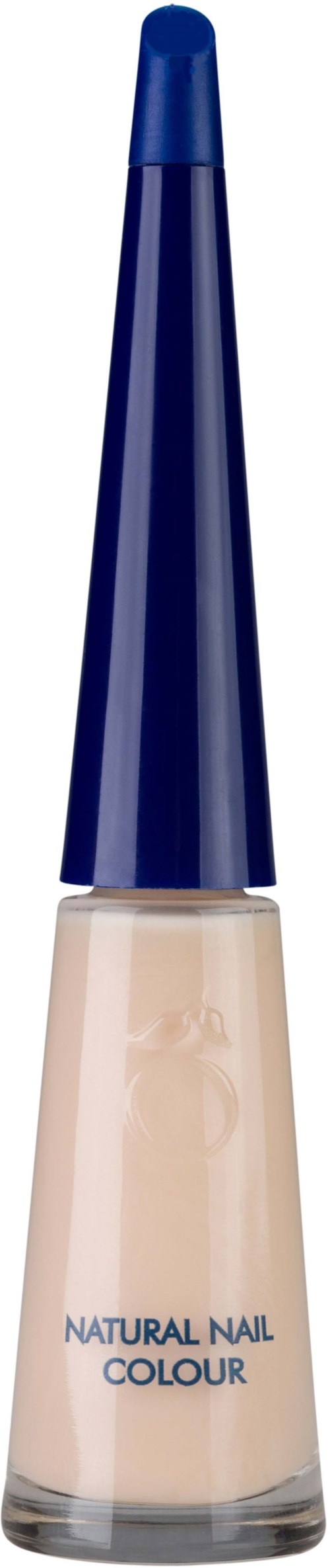 Butelka lakieru do paznokci w beżowym kolorze z niebieską nakrętką. Etykieta mówi "Natural Nail Colour."