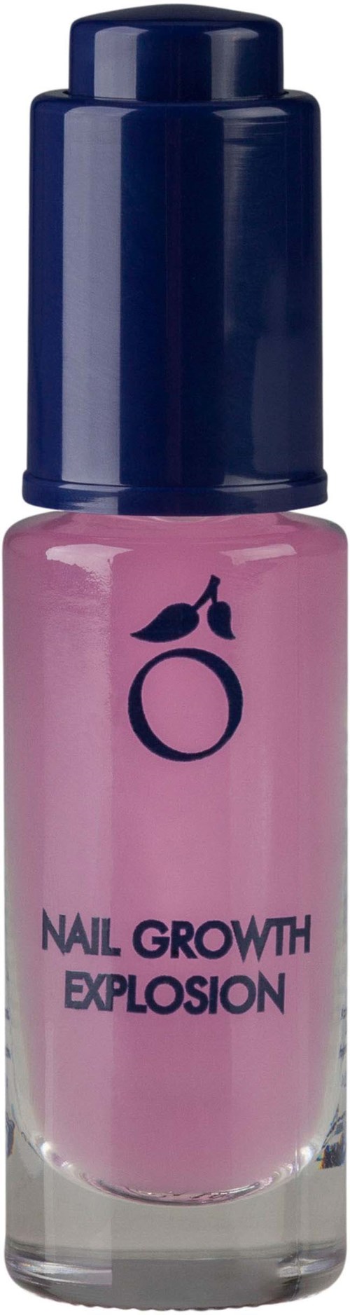 Różowa butelka lakieru do paznokci z niebieską nakrętką i logo, oznaczona "NAIL GROWTH EXPLOSION."