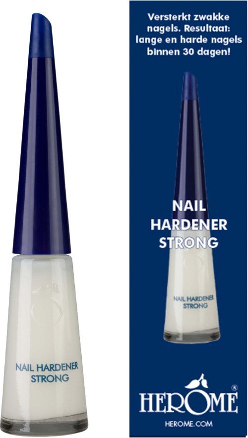 Buteleczka w kolorze niebieskim i białym z napisem 'Nail Hardener Strong' i tekstem o wzmocnieniu paznokci w 30 dni.