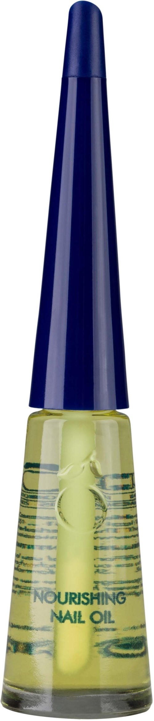 Niebieska nakładka, żółta butelka oleju do paznokci, oznaczona "Nourishing Nail Oil," z pipetą w środku. Prosty design, skoncentrowany na produkcie.