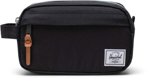A black bag with a brown zipper and a handle on the side, labeled Herschel, used for carrying items.
