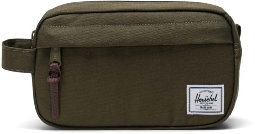A brown Herschel pouch with a front zipper pocket and a white label.