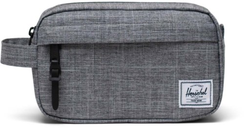 A gray fabric toiletry bag with a handle and a Herschel logo patch on the front.