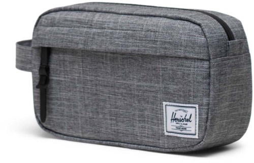 A grey fabric bag with a front zip pocket and Herschel logo tag, designed for carrying personal items.