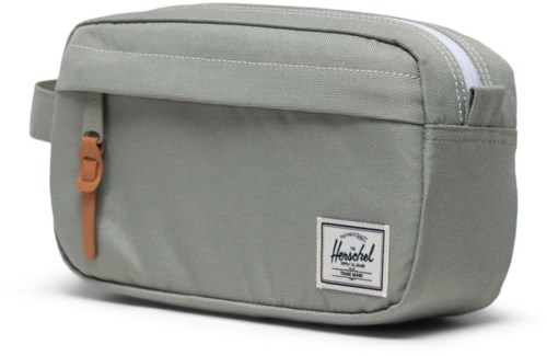 A light gray toiletry or travel bag with a zipper and a small handle on the side.