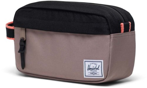 A gray and black Herschel bag with a zipper and small handle, suitable for carrying items.