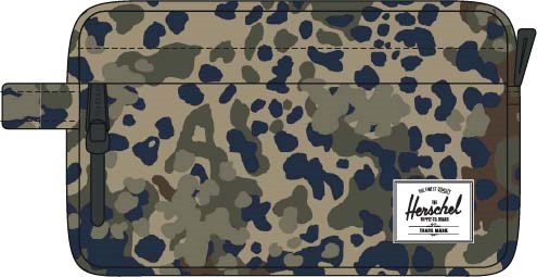 A camouflage-patterned zippered pouch with a white Herschel label on the bottom right corner.