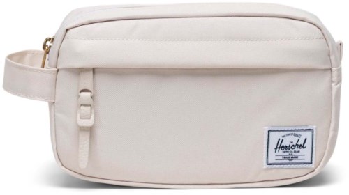 A white Herschel bag with multiple zip compartments and a brand logo patch.