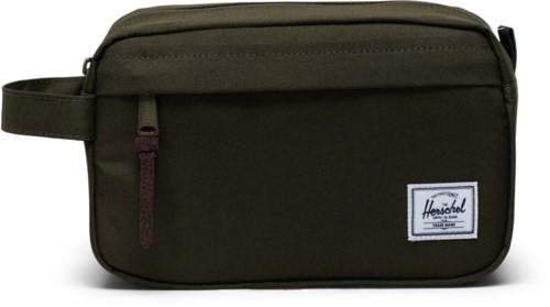 Dark green bag with zipper compartments and a Herschel logo tag on the front.