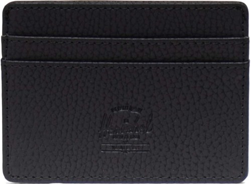A black textured cardholder with two card slots and a logo at the bottom.