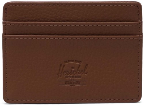 A brown leather cardholder with three slots and an embossed brand logo. Small and simple design.