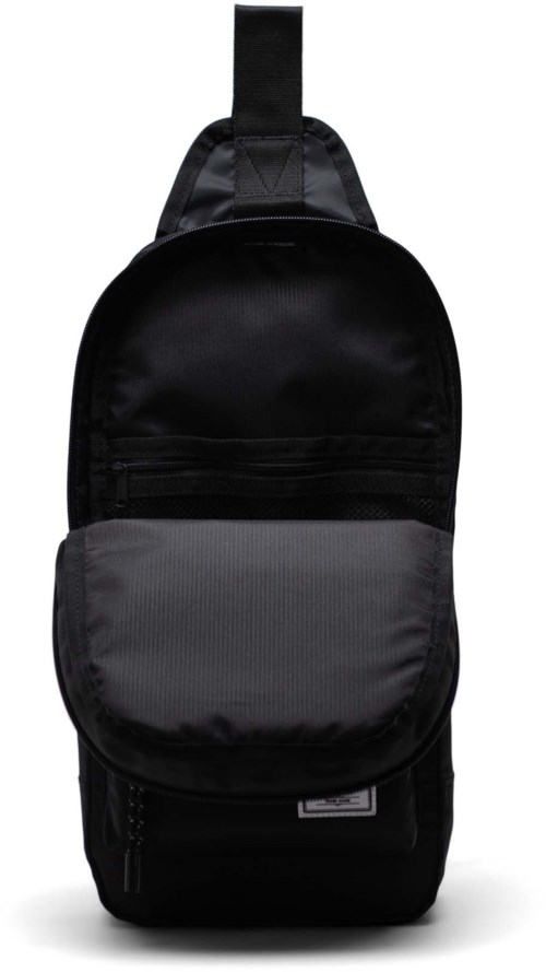 A black and gray backpack with zippered compartments and a handle at the top.