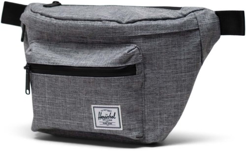 A grey fabric waist bag with a front zipper pocket and a label, designed for carrying small items.