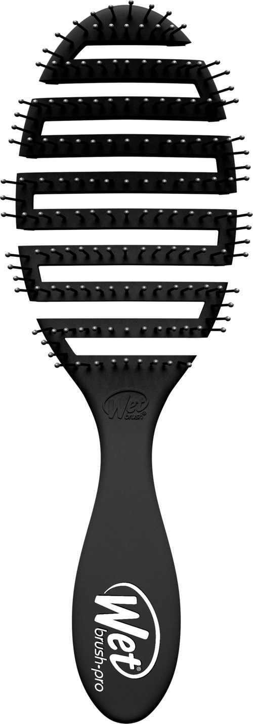 En svart hårborste med ett handtag som har en logga och orden "Wet Brush". Borsten har breda mellanrum mellan tänderna.