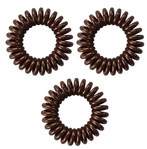 Tre brune hårbånd formet som spiraler, arrangeret i en trekant.