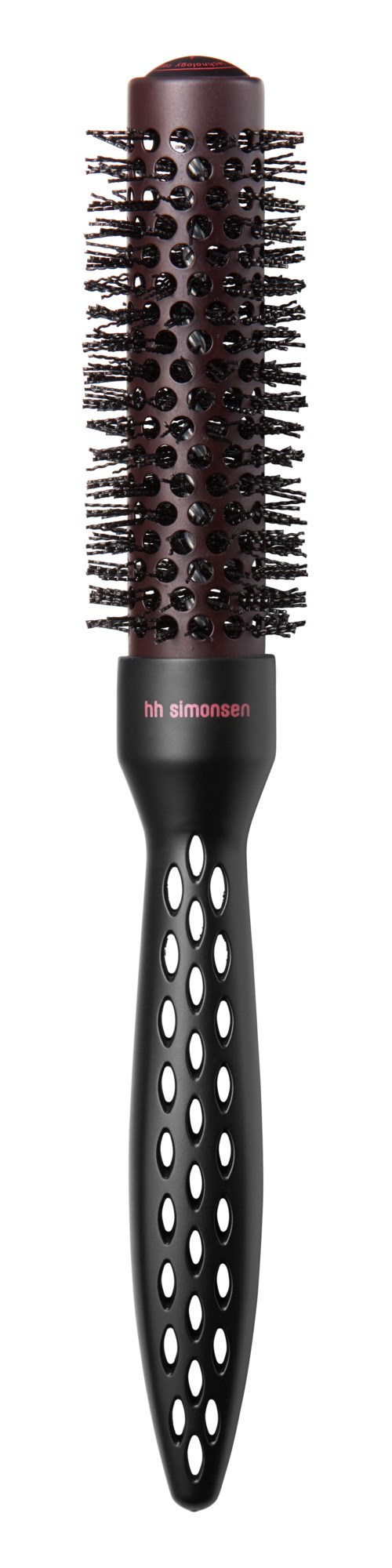 Musta hiusharja, jossa on pyöreä säiliö ja monia harjaksia. Tavarassa on valkoisia kohtia ja pinkki logo.