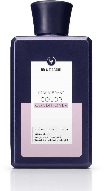En mørk flaske med hårbalsam merket 'Stay Vibrant Color Conditioner' med svart lokk.