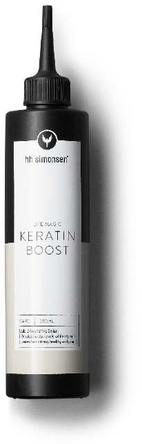 Musta pullo tipparuiskulla, merkinnällä 'Keratin Boost' hiusten hoitoon.