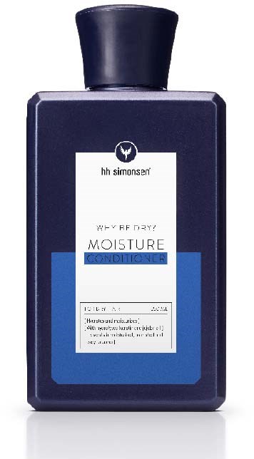En mørk blå flaske med en etikett som sier 'We Be Day Moisture Conditioner' og en svart hette.