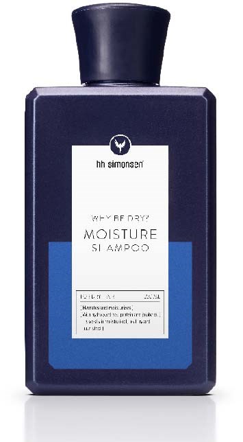 En mørk blå flaske med svart lokk, merket 'Moisture Shampoo' av hh simonsen, for våt bruk.
