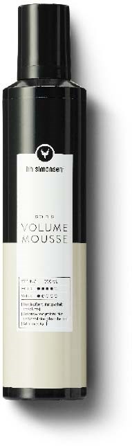 Eine schwarze, zylindrische Flasche mit einem Etikett, auf dem 'Volume Mousse' steht, und einem kleinen Symbol oben.