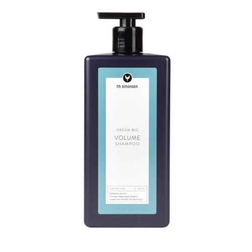 En mørk blå flaske med pumpe, merket 'h h simonsen' og 'Dream Big Volume Shampoo'.