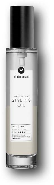 En klar flaska med stylingolja med svart lock, märkt med varumärke och produktinformation.