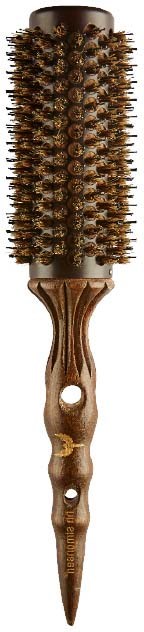 A wooden hairbrush with a handle, round bristles, and a hole at the bottom of the handle.