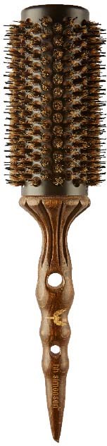 A round hairbrush with a wooden handle and bristles for styling hair.