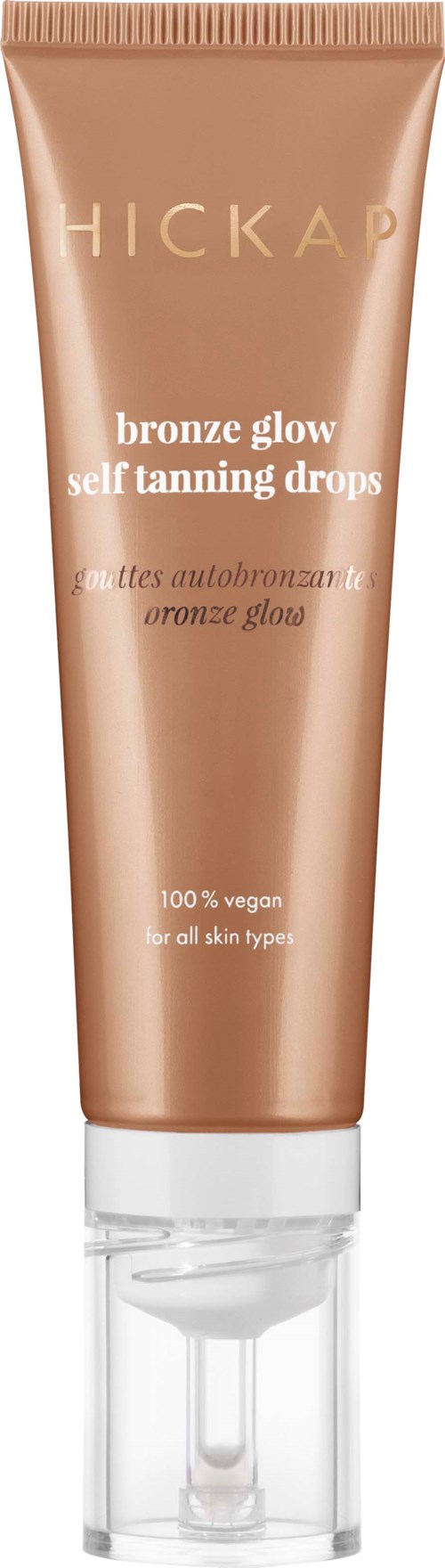 Hickap bronze glow Selbstbräunungstropfen in Tuben, geeignet für alle Hauttypen und 100% vegan.