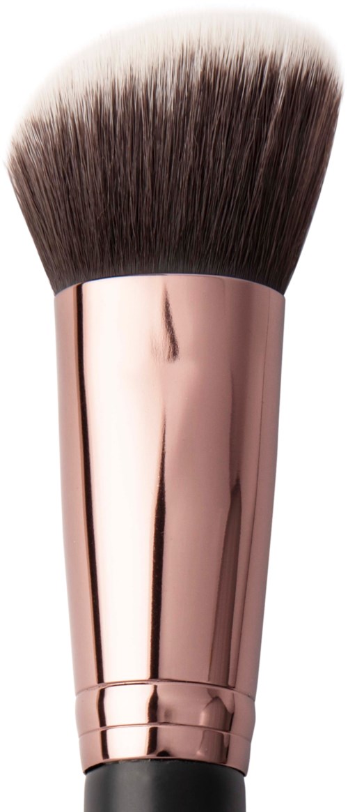 Ein Make-up-Pinsel mit roségoldenem Griff und weichen schwarzen und weißen Borsten.