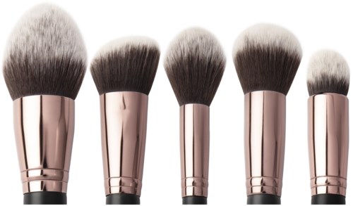 Five makeup brushes with rose gold handles, varying sizes, lined up against a white background.
