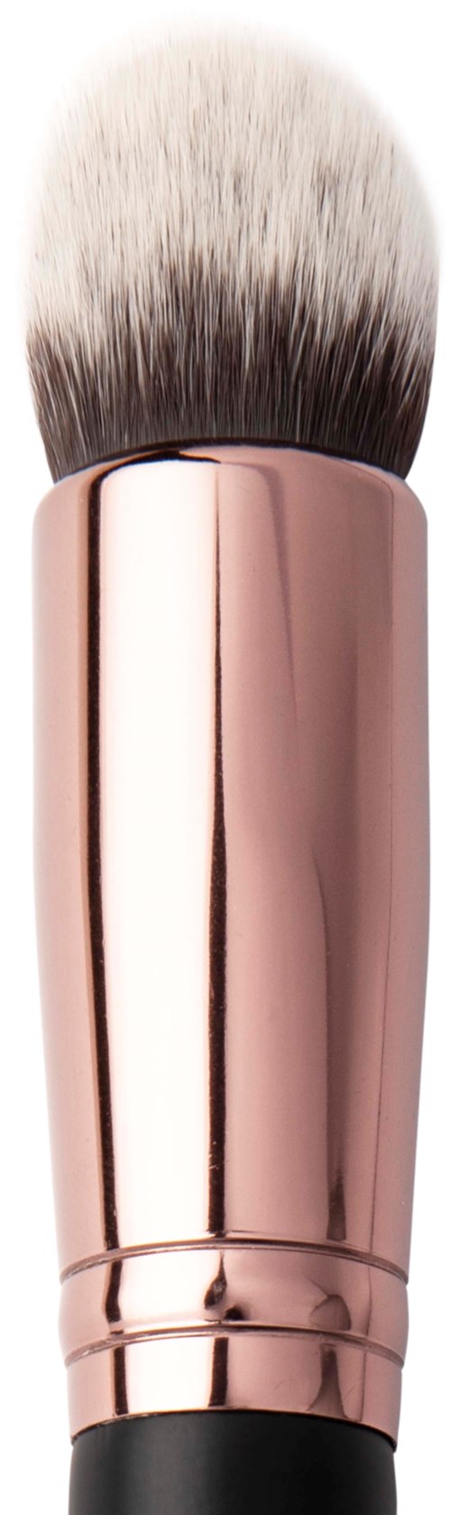 Ein Make-up-Pinsel mit einem glänzenden rosegoldfarbenen Griff und weichen, flauschigen Borsten.