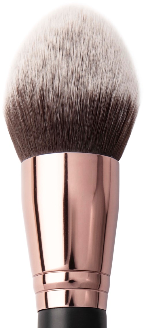 En makeupbørste med roségullhåndtak og myke, fluffy børster.