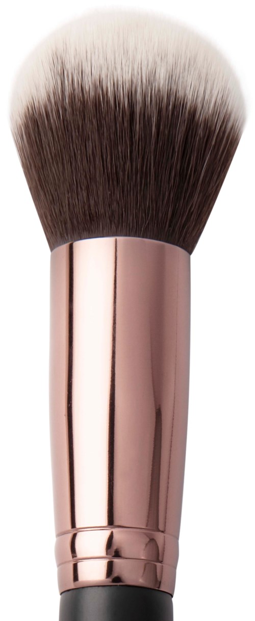 Ein Make-up-Pinsel mit roségoldenem Griff und weichen, fluffigen Borsten. Für Puder oder Rouge.