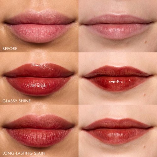 Drei Lippenpaare zeigen Vorher-, Glanz- und Langzeit-Farbstift-Effekte. Die Lippen sind natürlich, glänzend und gefärbt.