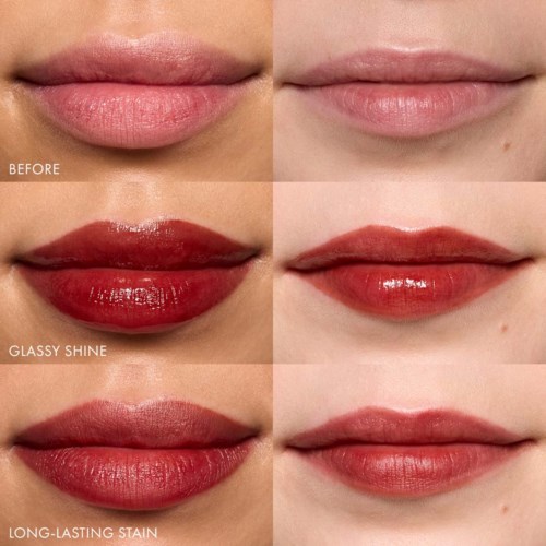 Das Bild zeigt einen Vergleich von Lippen mit verschiedenen Lippenstift-Finishes: natürlich, glänzend und langlebiger Fleck.