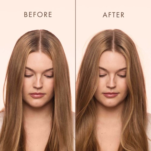 Sida vid sida jämförelse visar hår före och efter styling, ser mer slätt och glänsande ut i den efterföljande bilden.