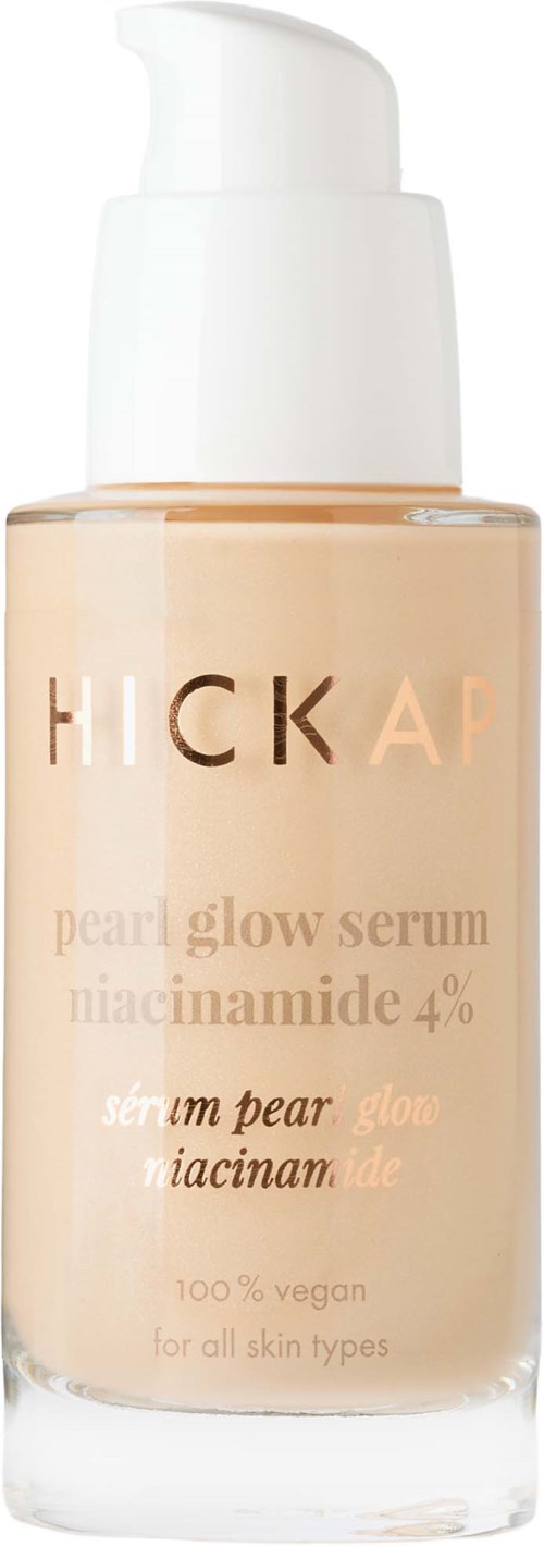 Flaska med pärlglödserum med pump, märkt Hickap, för alla hudtyper.