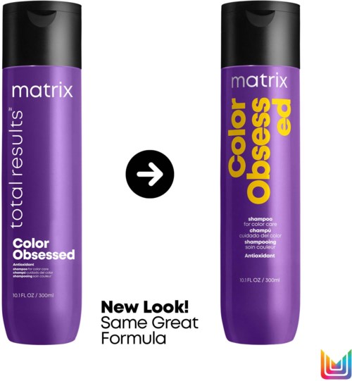 Sjampo-flasken endret farge fra lilla til lilla med gul tekst, som sier "Color Obsessed".