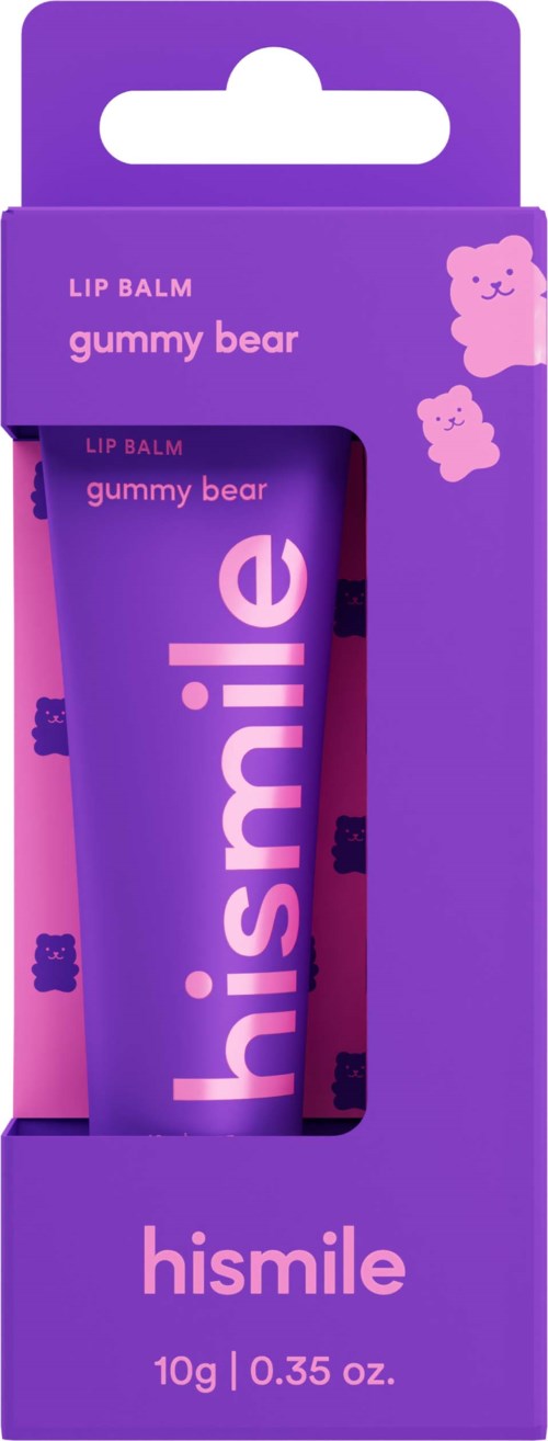 Purple packaging with a pink bear illustration, labeled 'hismile' lip balm, flavor 'gummy bear.'