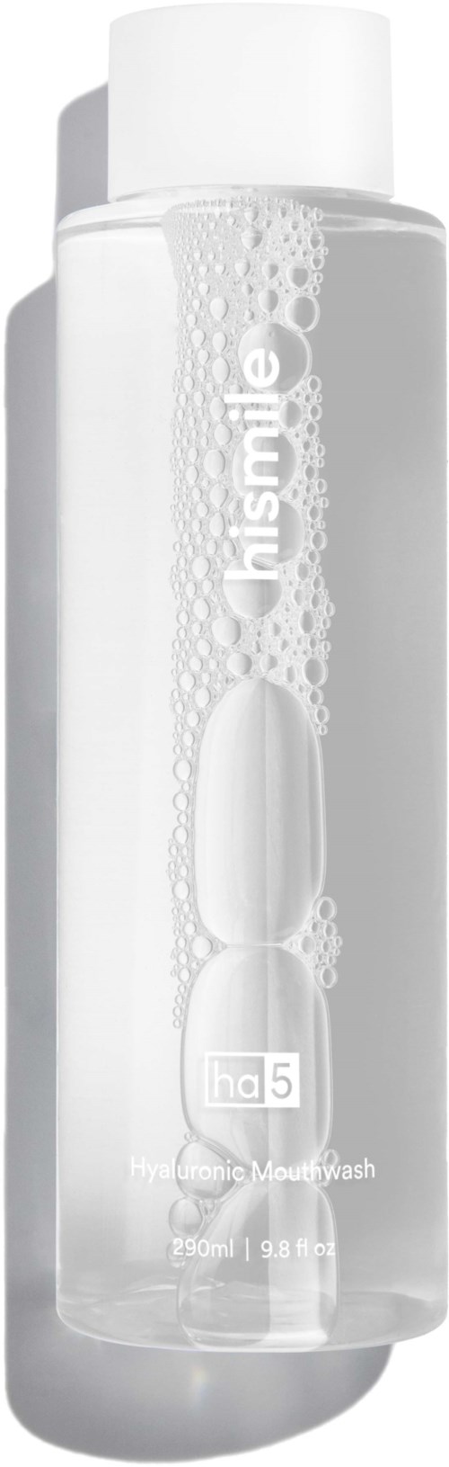 Clear bottle of Kismile mouthwash with bubbles and a white cap. Contains 250 ml of oral rinse.