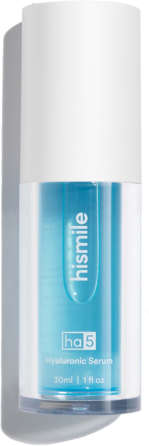 A blue bottle labeled "Hishmile" with a white cap. It says "Hyualuronic Serum" and contains 30ml.